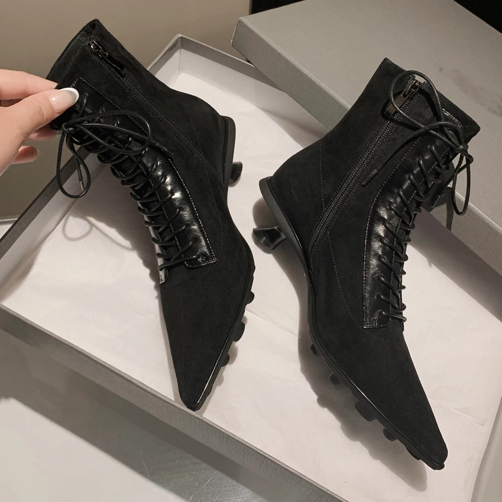 Nuova moda primavera autunno stivaletti scarpe in pelle donna inverno stivali corti in pelle scamosciata tacchi sottili donna Designer tacco basso nero marrone