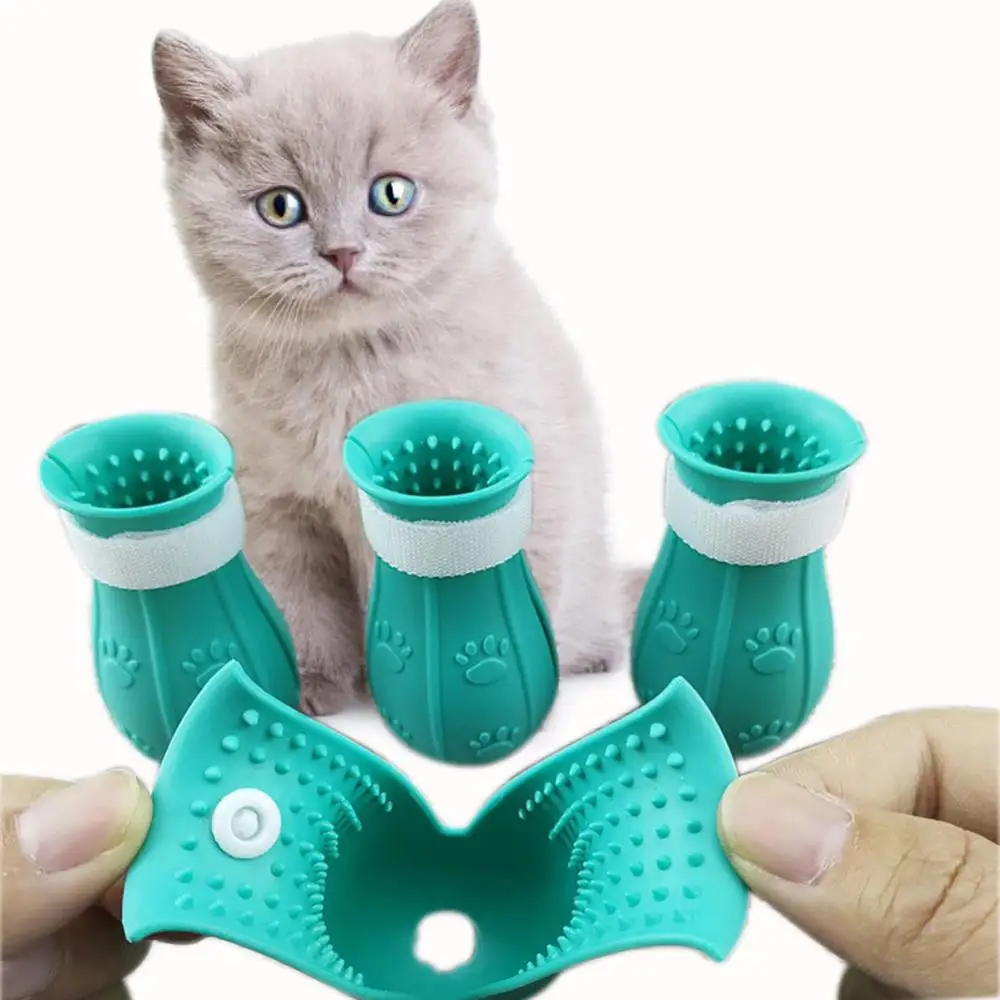 Zapatos antiarañazos de silicona para gatos, botas ajustables para gatos, lavado de baño, cubierta protectora para pata de garra de gato, suministros de aseo para gatos