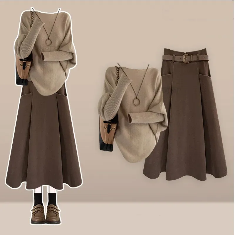 

Women's Autumn Winter New Vintage Knit Sweater+High Waisted Midi Skirt Two-piece Suit Korean Elegant Pullover Dress Matching Set