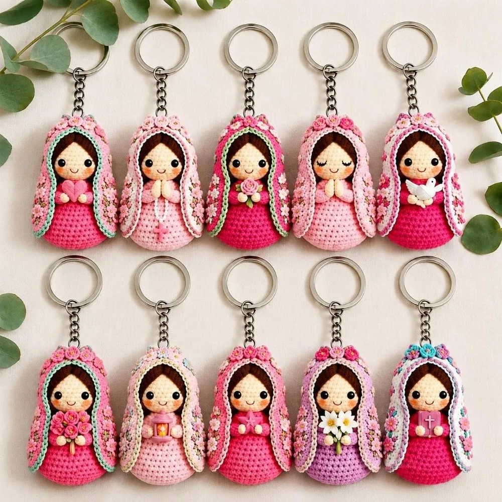 10pcs/set Crochet Style Virgin Mary Keychain Set Knitted Doll Figurine Pendant 2D Flat Acrylic Keychains Religious Kids Gift