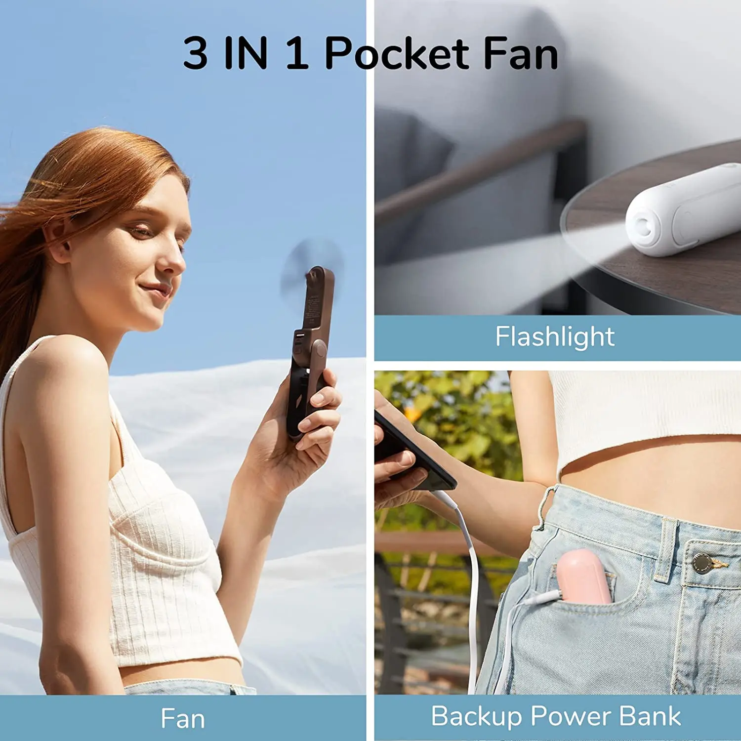 3 in 1 Rechargeable Battery Operated Portable Handheld Mini Fan Small Hand Folding Pocket Fans USB Port with Flashlight Outdoor