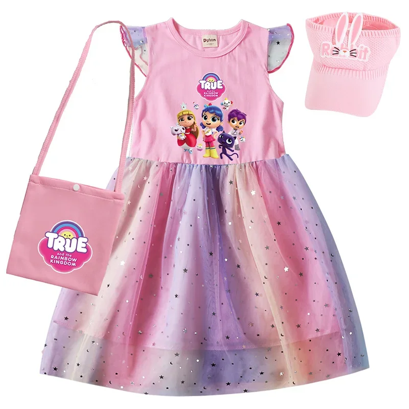 True Rainbow Kingdom Princess Girls Dresses Children Vestido Cute T Shirt Gauze Mesh Dress bag with Cap Kids Casual Clothes Kids