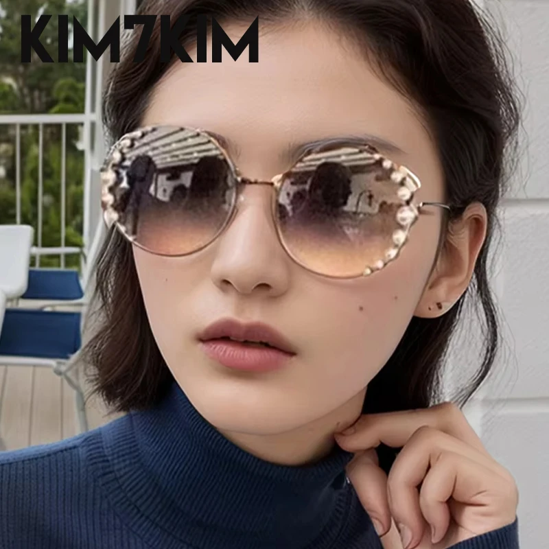 Oversized Round Pearl Sunglasses Women 2024 Luxury Brand Design Gradient Lens Eyewear Shades Trendy Party Sun Glasses For Ladies