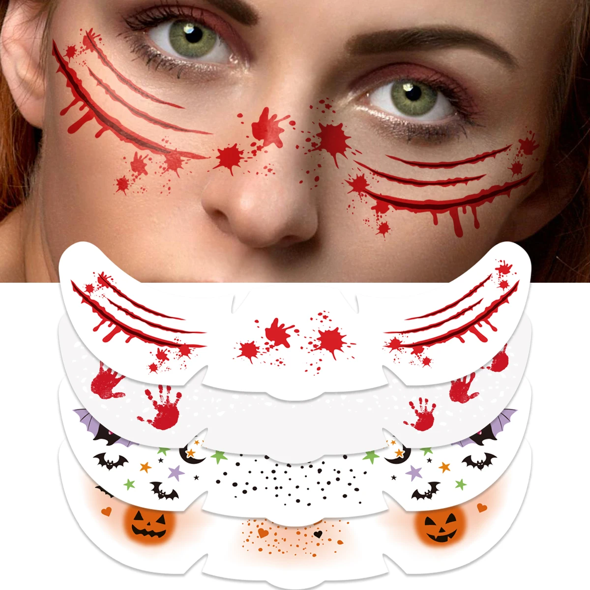 

4pcs Halloween Face Tattoo Stickers Pumpkin Bat Scratch Fake Freckles Temporary Tattoo Stickers for Music Party Festival