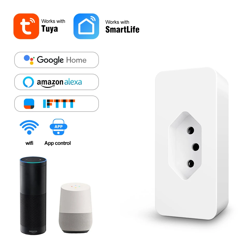 Shawader Brasil WiFi Tuya Smart Plug Socket 10A Brazil Outlet Energy Monitor Wireless Voice Remote Control by Google Home Alexa