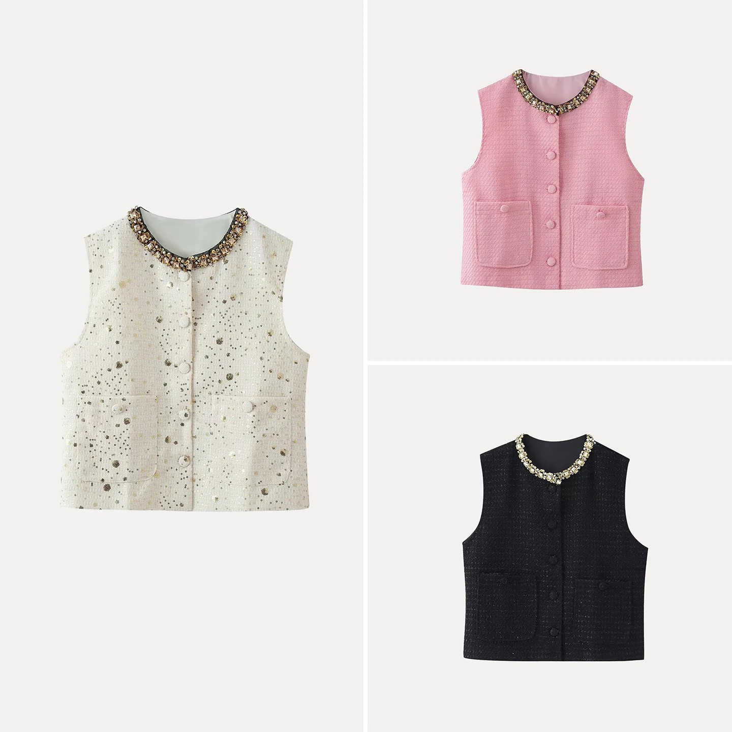 

Fashionable Multi-Color Women's Vest Jacket round Neck Single Button Design Summer 2026 New Arrival Elegant Pearl Style