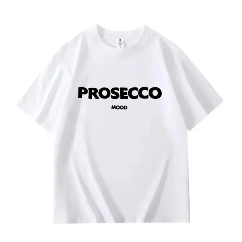 PROSECCO 남녀공용 심플 레터 프린트 티셔츠, 코튼 소프트 반팔 티, 오버사이즈 하이트 스트리트 고딕 상의, 여름