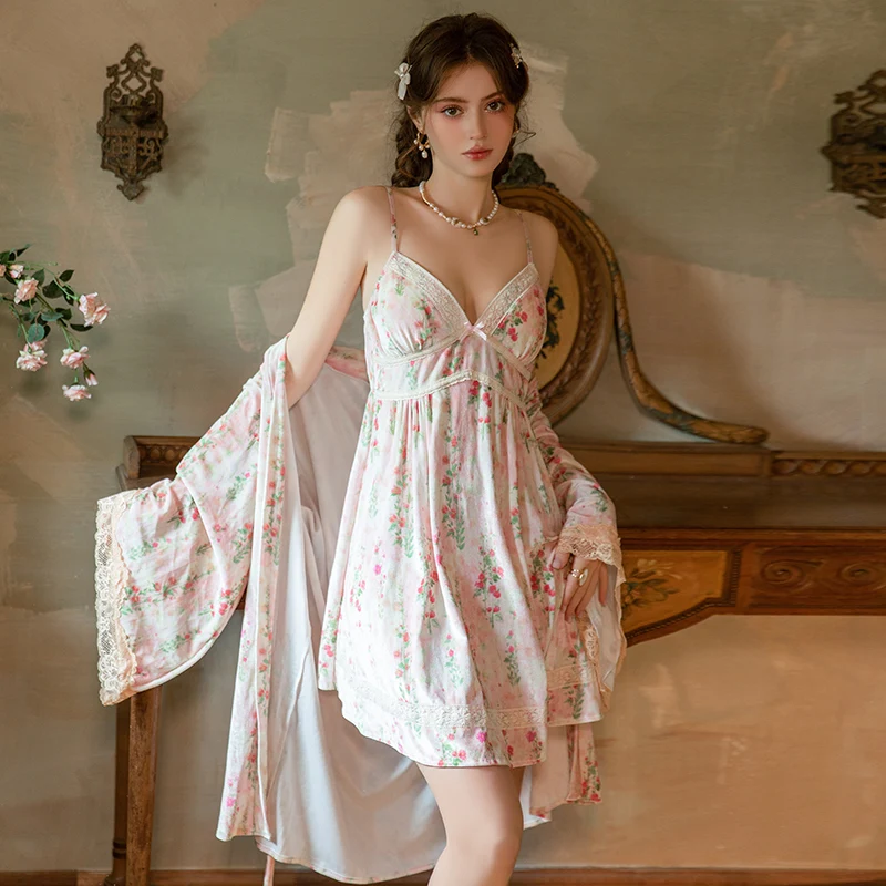 

Pink Floral Lace Trimmed Kimono Robe, Soft Milk Fabric Long Sleeve Open Front Dressing Gown, Elegant Sweet Nightwear Loungewear