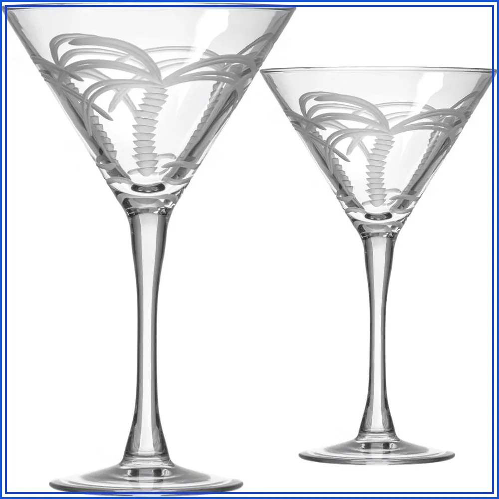 Palm Tree Martini Glass Set of 2 Stemmed 10 oz Engraved Cocktail Glasses Lead-Free USA