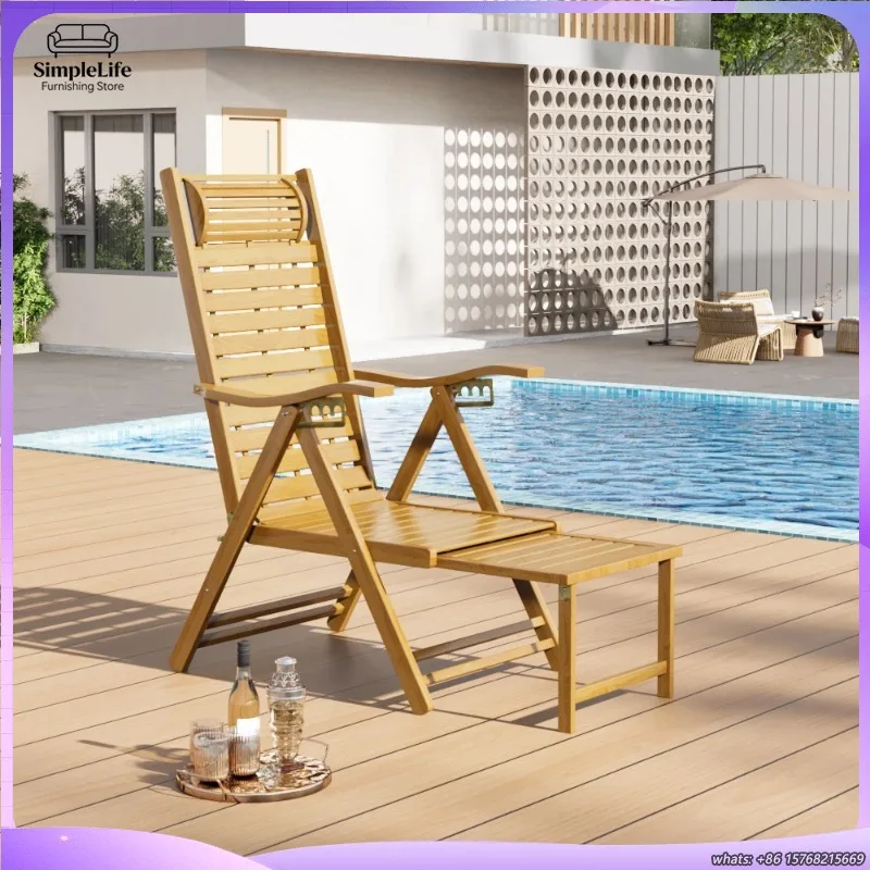 屋外折りたたみ式竹製ラウンジチェア、庭やパティオ用サンラウンジャー、調節可能な背もたれ、格納式フットレスト、滑り止め付き