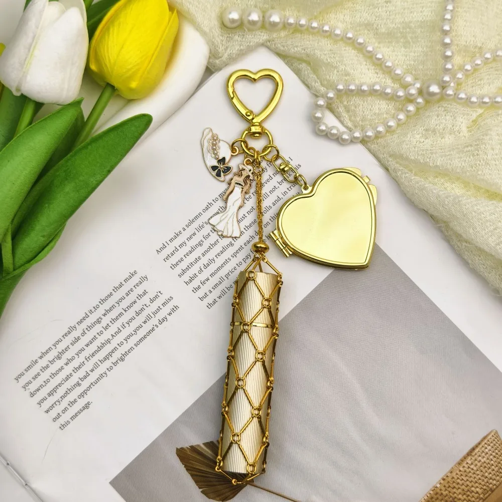 Fashionable Lipstick Storage Keychain Mini Mirror Woman Hat Enamel Charm Stylish Metal Mesh Bag Pendant Gift Young Girls view 5