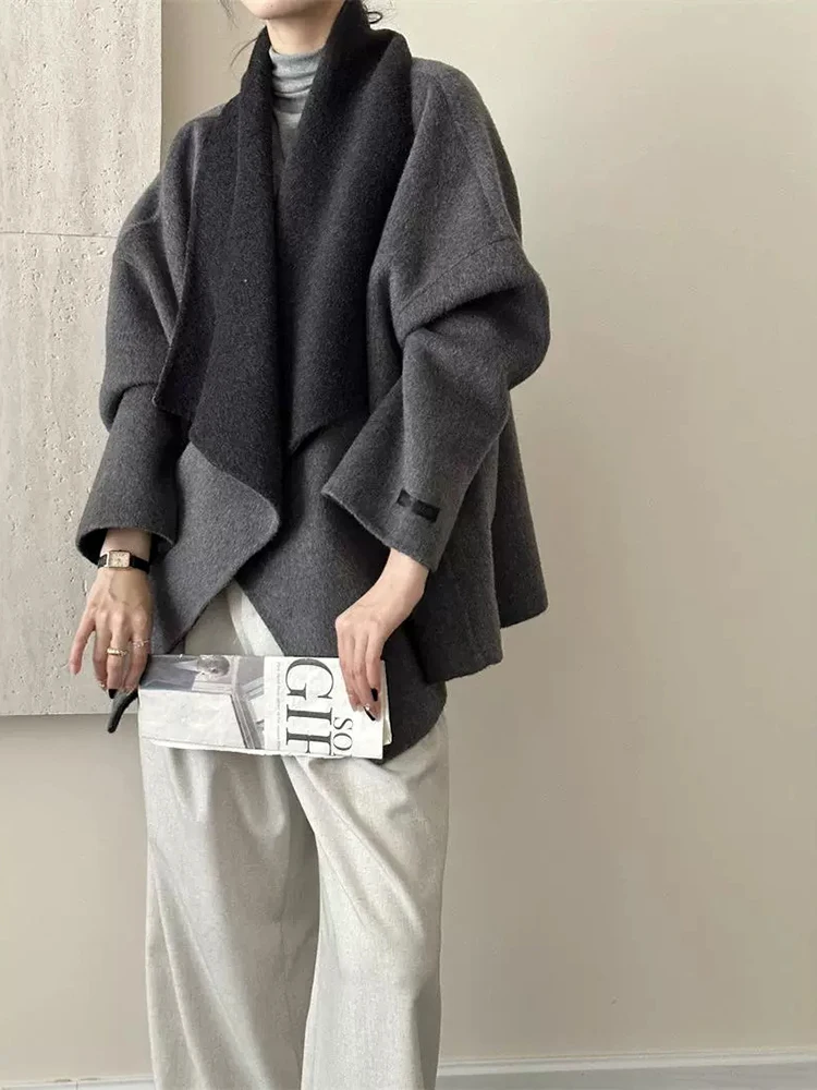 LANMREM cappotto di lana a doppia faccia a contrasto di colore per le donne risvolto cappotti Casual irregolari 2024 abbigliamento donna autunno