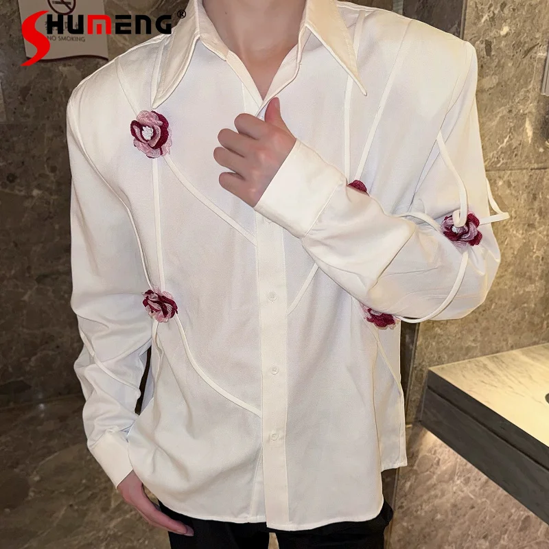 

2026 Men's Summer Three-dimensional Red Rose Solid Color Shirts Men's Strap Design Tops Handsome Light Luxury Long-sleeve Shirts