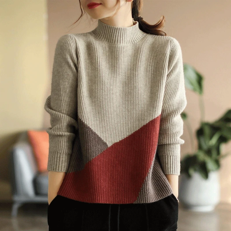 Fashion Women's New Color Blocking Long Sleeve Vintage Sweaters Autumn Winter Casual Commute Half High Collar Patchwork Jumpers