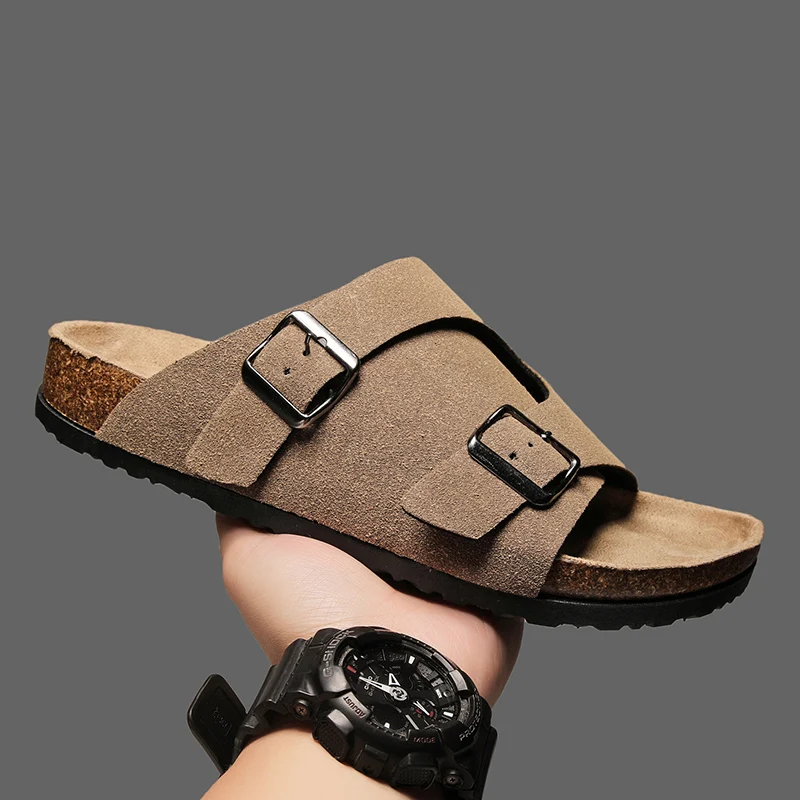 2026 Cork Slippers Men Summer Couple Beach Slides Suede Leather Women Flat Sandals Fashionable Outdoor Male Mules Non Slip 36-46