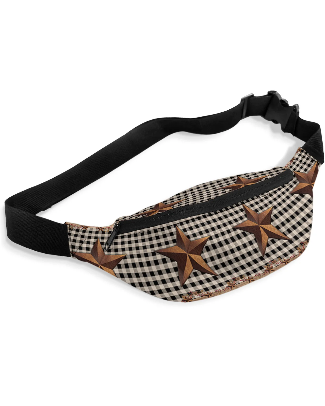 Country Style Black Plaid Country Star Waist Bag Women Men Belt Bags Large Capacity Waist Pack Unisex Crossbody Chest Bag