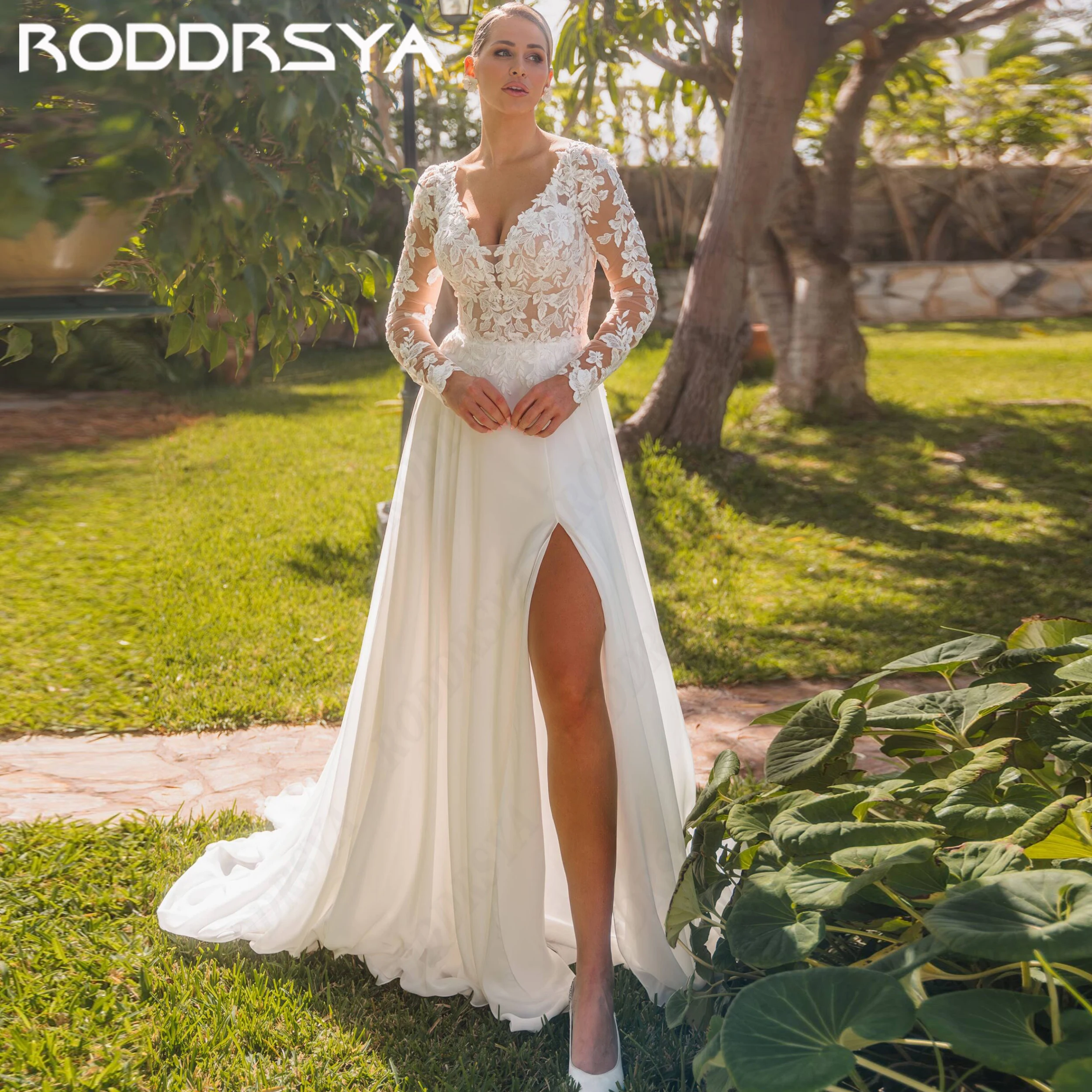 RODDRSYA Wedding Dress Illusion Lace Applique Chiffon Slit Bridal Dresses For Women Customized Long Sleeve A Line abito da sposa