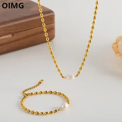 OIMG 316L Stainless Steel Gold Plated Jewelry Set Temperament Elegant Pearl Beads Necklace Bracelet for Women Non-fading Gift