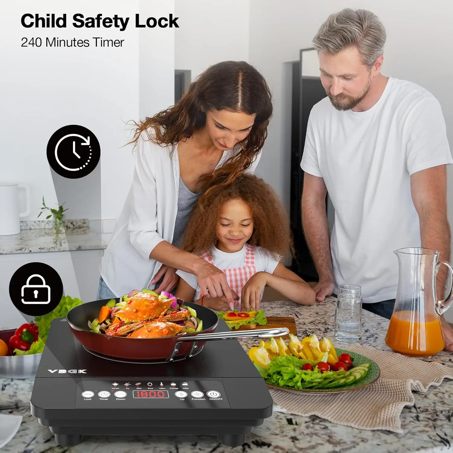 Portable 1800W Induction Cooktop with LCD Touch Controls, 7 Temperature Levels, Safety Lock, Timer