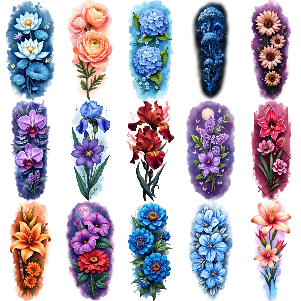 

9pcs Temporary Tattoo Blue Iris Colorful Realism Yellow Sunflowers Red Irises Waterproof Long-lasting Body Stickers For Male