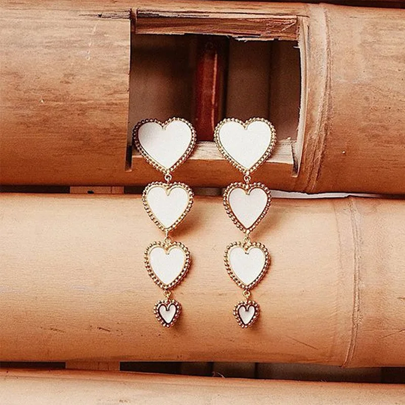 Retro Heart Stud Earrings For Women Red Black White Four Hearts Chain Long Dangle Earrings Bride Bridesmaid Wedding Jewelry Gift