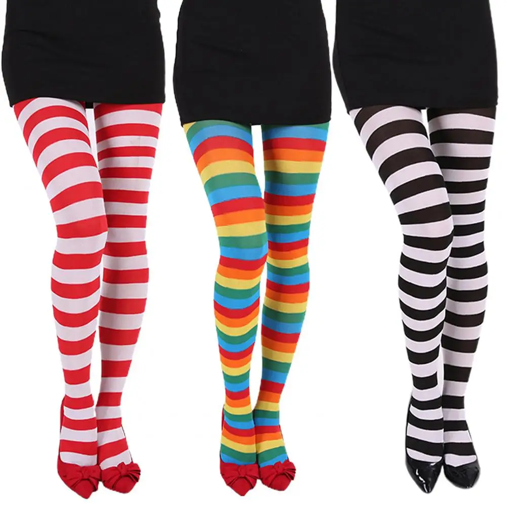 Christmas Stockings Rainbow Multicolor Striped High Elasticity Lady Vintage High Waist Pantyhose Cosplay Costume High Socks