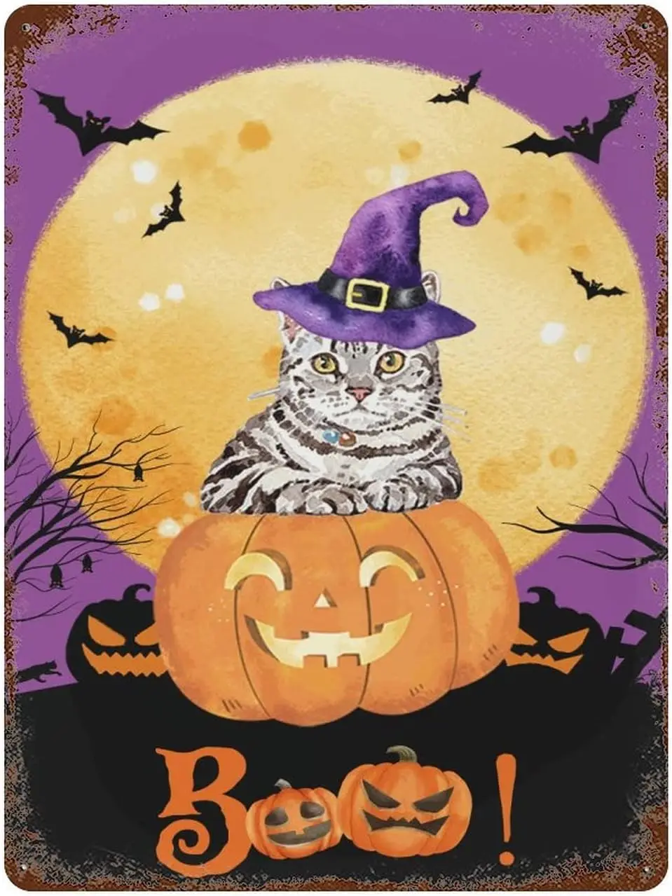Fall Happy Halloween Aluminum Sign Halloween Pumpkin Boo Full Moon Eve Black Cat Metal Signs Vintage 12x16 Inch Metal Plate sign