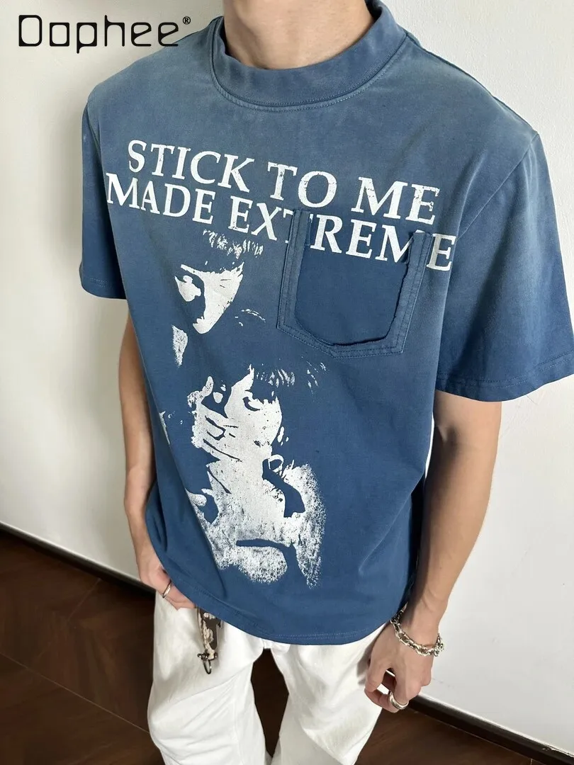 Summer Men Washed Blue Letter Print Round Neck T-shirt Vintage Character Graphic Print Short Sleeve Loose Casual Streetwear Tee