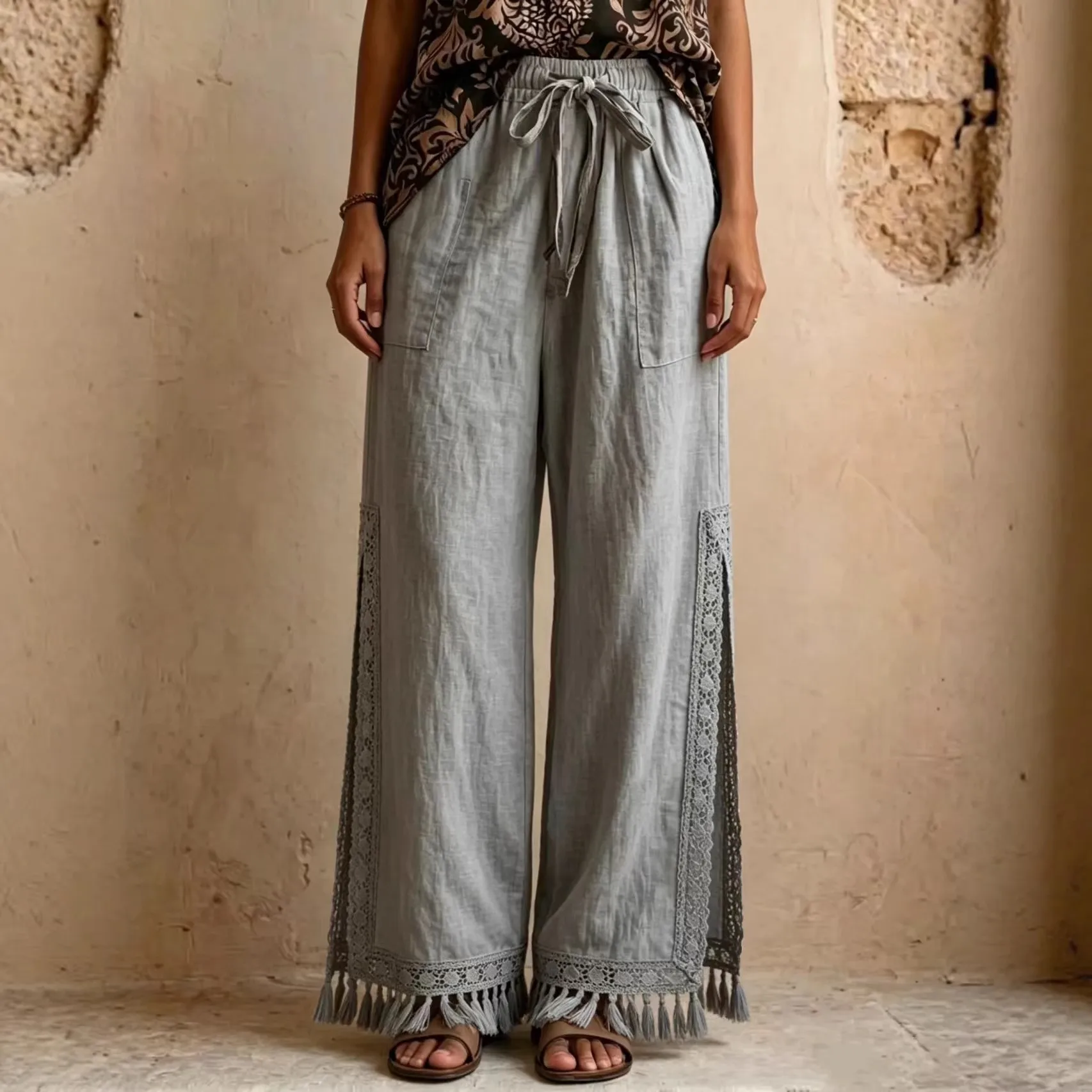 Summer Women Casual Pants Cotton Linen Boho Trousers Lace Trim Drawstring Waist Wide Leg Pants Mid Waist Side Slit Long Solid
