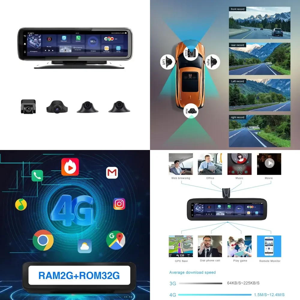 

Android 10.0 4 Channel 4G Car 360 Degree System Mirror Dash Cam with Navigation HD 720P Video Recorder Dashboard
