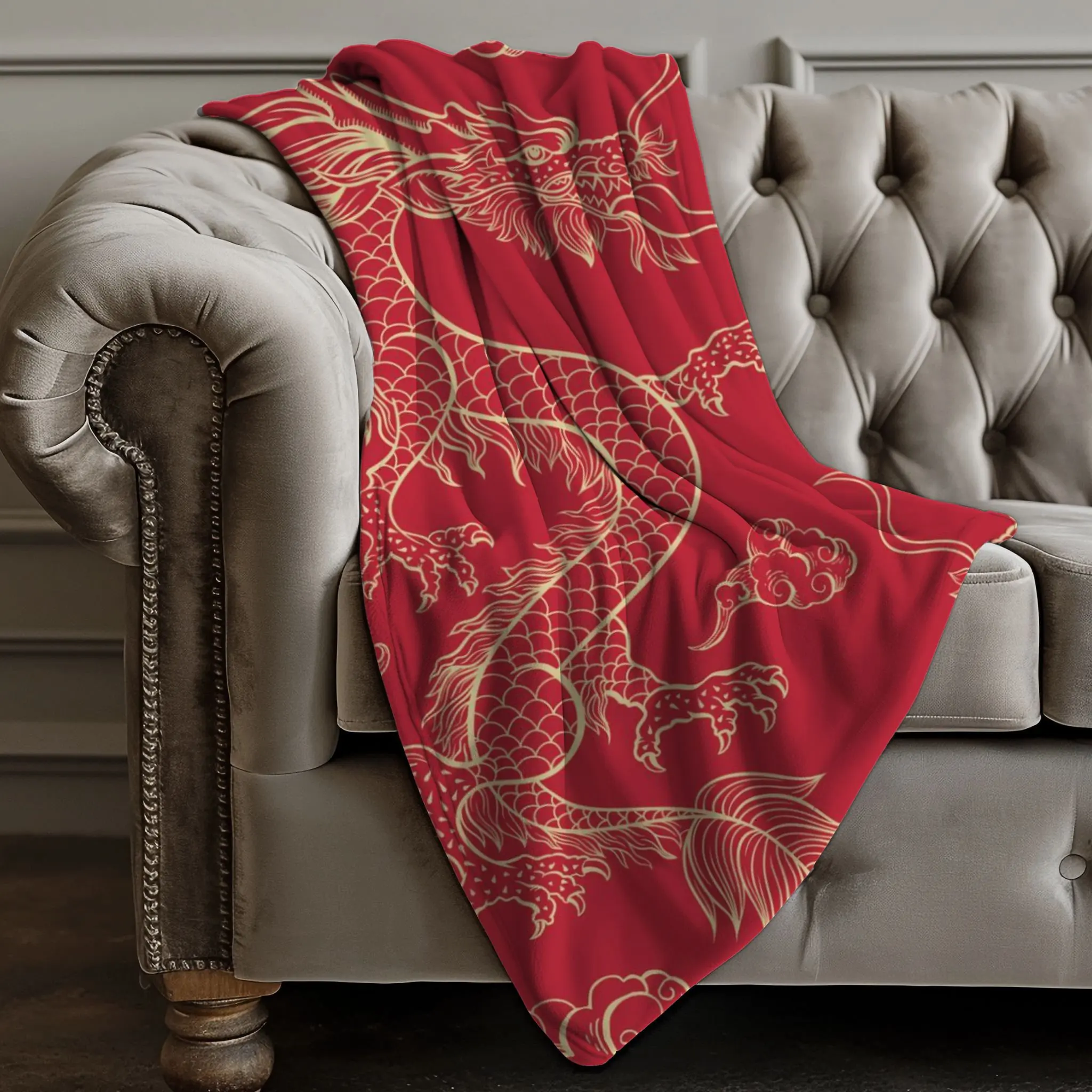 Golden Dragon New Year Soft Flannel Throw Blanket Cozy All-Season Essential for Couch Bed Sofa Fuzzy Plush Home Bedroom Decor