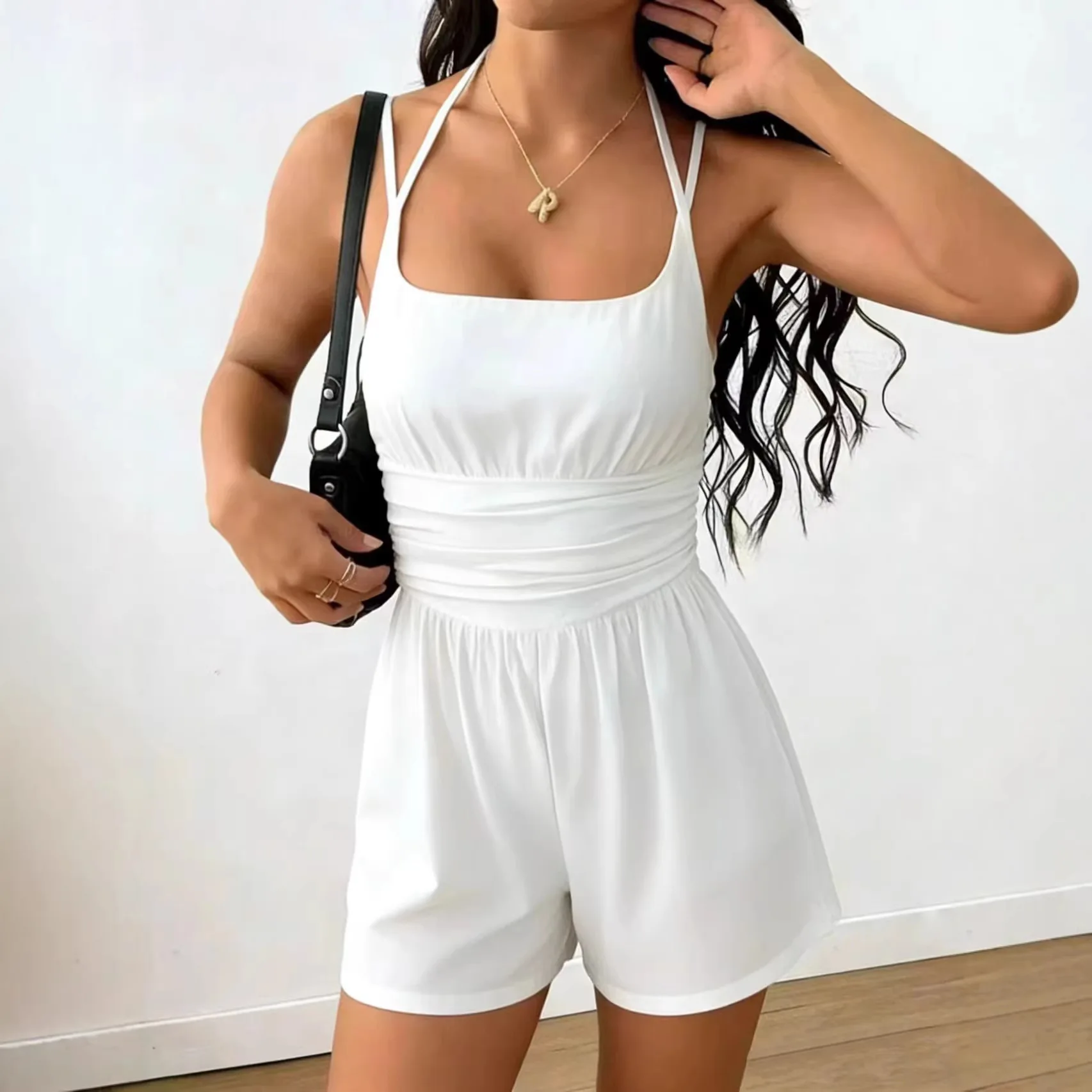 New Women's Solid Color Sleeveless High Waist Jumpsuit Casual Chest Wrap Vest for Europe The United States 2XL Size Casual Cozy