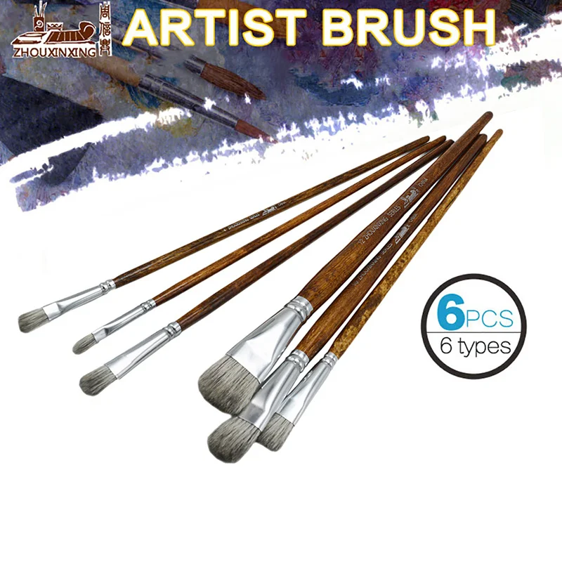 6pcs/set Mixed hair Wood grain rod Painting Brush Oil Acrylic Brush Watercolor Pen Drawing set Art Supplies