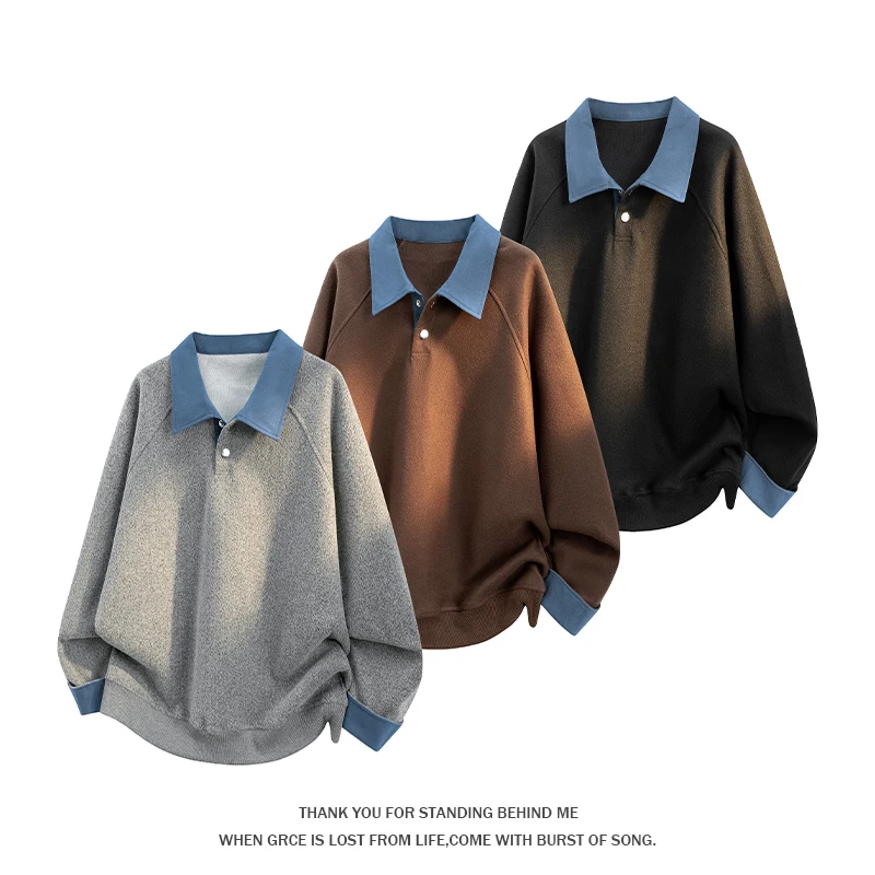 Men 2026 Autumn New Color‑Block Spliced Polo Collar Sweatshirt Raglan Sleeve Button Placket American Casual Male Tops
