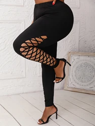 Plus Size  Leggings For Women Clothing with Lattice Cutouts Mid-Waisted Stretchy Solid Color Female Knit Pants for Casual Outing