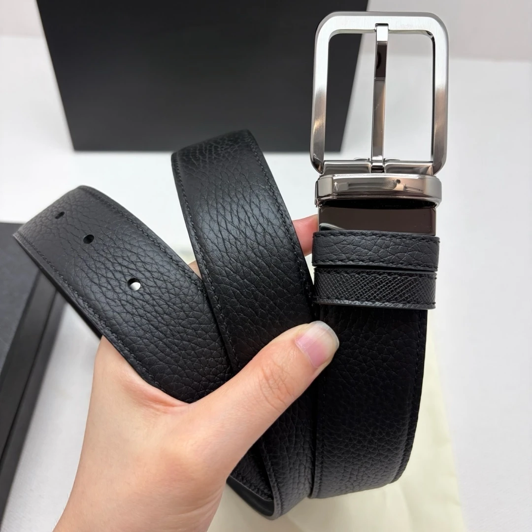 Business Formal Waist Strap 35mm Luxury Men's Dual‑Sided Reversible Leather Belt Rotatable Square Pin Buckle Pebble Cross Grain