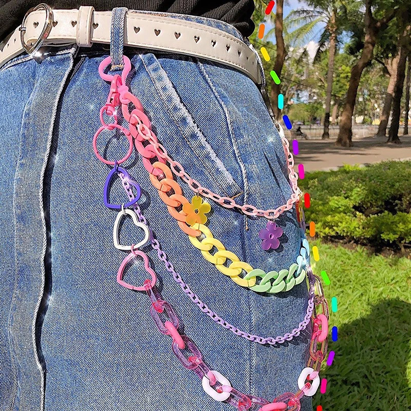 Cute Acrylic Layered Pants Jean Chain Heart Flowers Pendant Rainbow Resin Trousers Chains Wallet Chains Keychains Body Chain