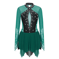Women Long Sleeve Figure Skating Costume Ballet Rhythmic Gymnastics Lyrical Dance Dress Shiny Rhinestone Mesh Leotard Dancewear