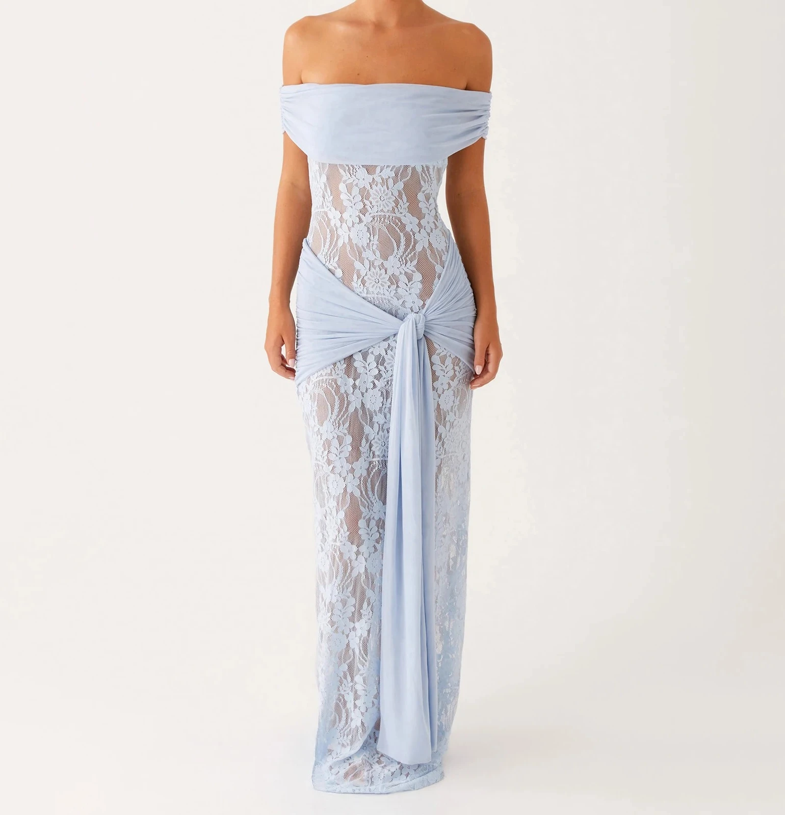 

Женское платье макси с открытыми плечами, кружевное лоскутное платье с узлом на поясе, сетчатое облегающее длинное платье для выпускного вечера, коктейльная вечеринка