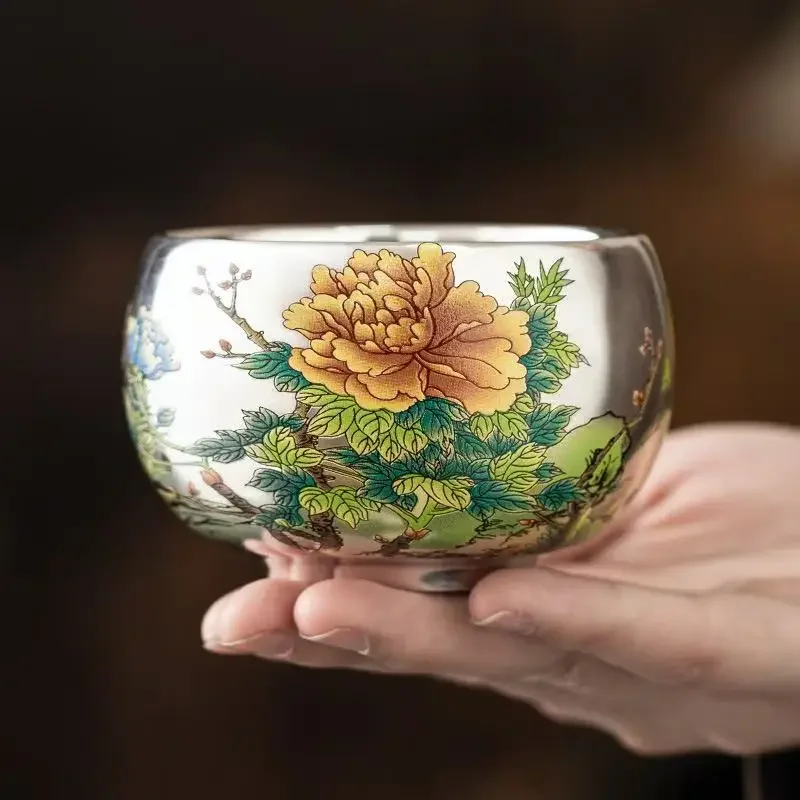 110ML Flowers Bloom Rich Meditation Cup Hand-painted 999 Silver Teacup Master Cup High-end Personal Special Large Kung Fu TeaCup