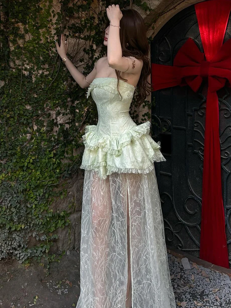 Estranho gato princesa estilo vestido feminino sem alças irregular em camadas plissado retalhos fenda jacquard sexy magro aniversário bodycon