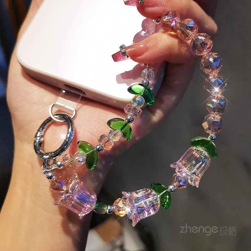 كريستال توليب الهاتف الحبل مطرز سلسلة تصميم قصير مناسبة للاستخدام في الهواء الطلق مع مقطع