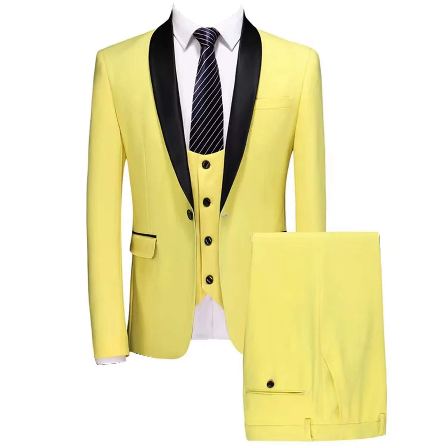 

Three piece set of yellow men's tailcoat, diagonal collar suit, solid color jacket, vest, pants, party party, tailcoat, business
