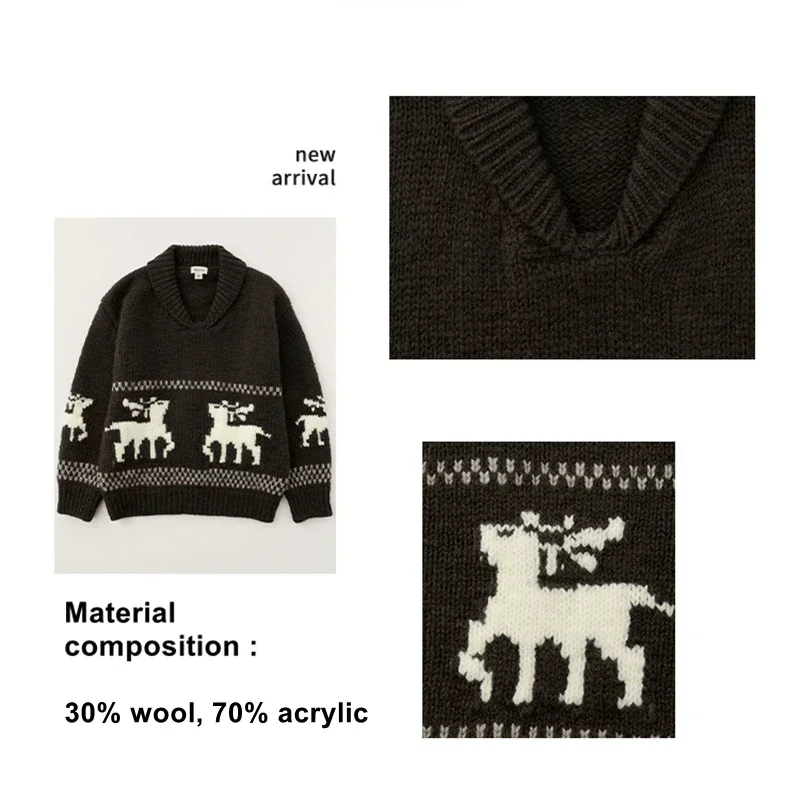 2024 Vintage Lapel Jacquard Pullovers Women Christmas Elk knitted Sweater Autumn Winter Long Sleeve Knitwear Casual Clothing