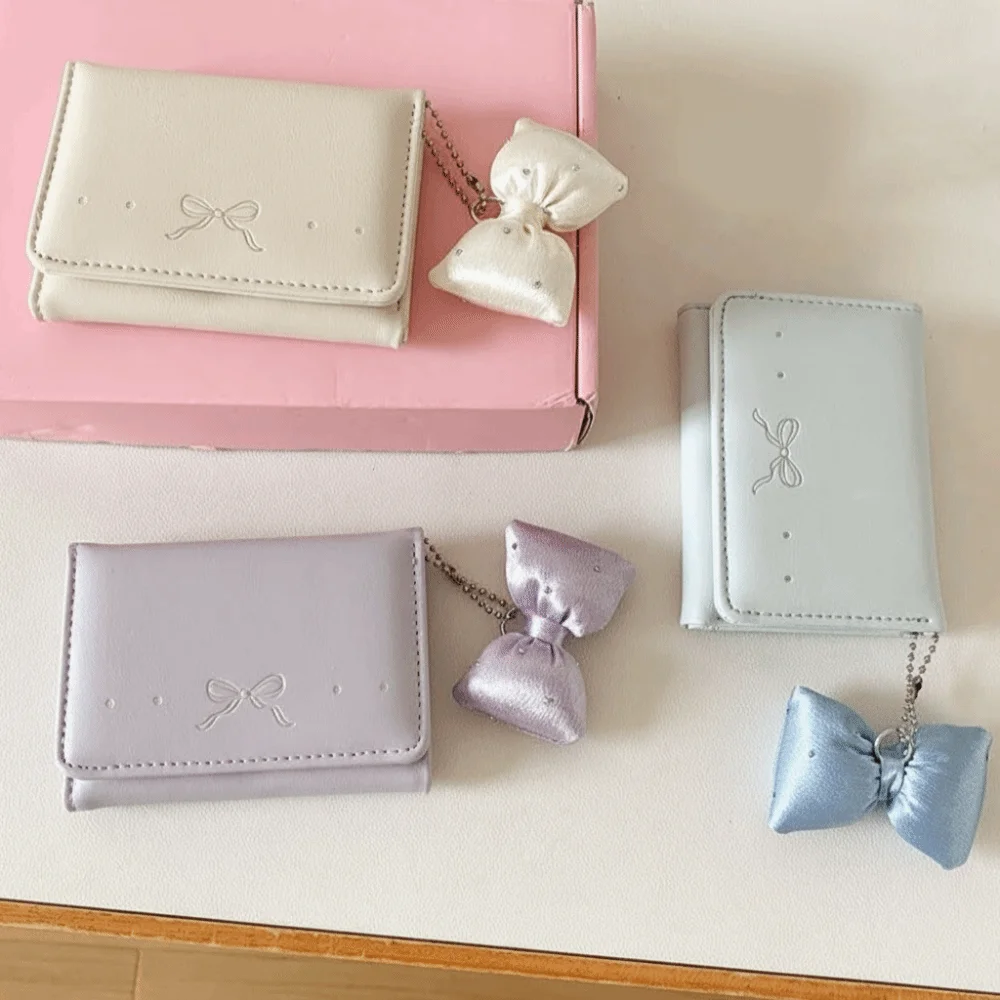 Simple Pendant Bow Wallet Korean Style Solid Color Short Wallet Foldable Multi-functional PU Leather Coin Purse School