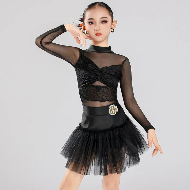 Strój do tańca latynoamerykańskiego dla dziewcząt 2025, kostiumy do występów, odzież do tańca chacha rumba, top z siateczki, spódnica z koronki, strój sceniczny DQL12317