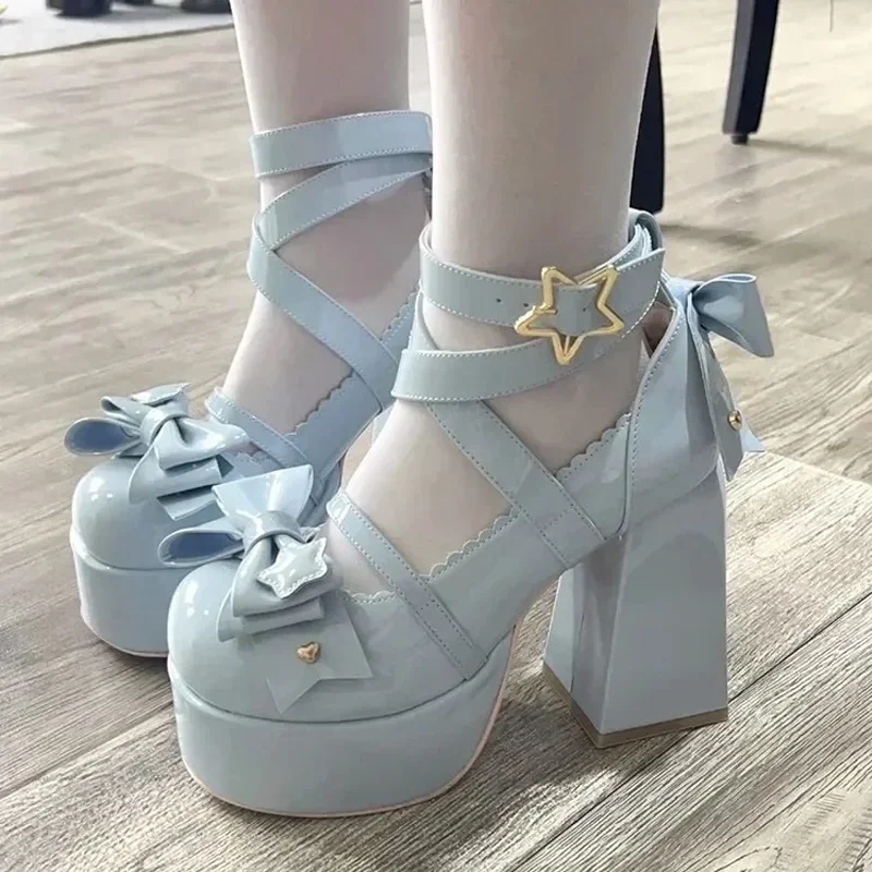 

2024 Lolita Shoes Women Mary Janes High Heels Shoes Chunky Sandals Summer Fashion Retro Bow Party Platform Pumps