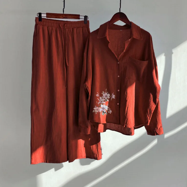 Losse effen kleur broek met enkele rij knopen en wijde pijpen Dames 2-delige set Retro katoenen en linnen overhemd Hoog getailleerde broekset