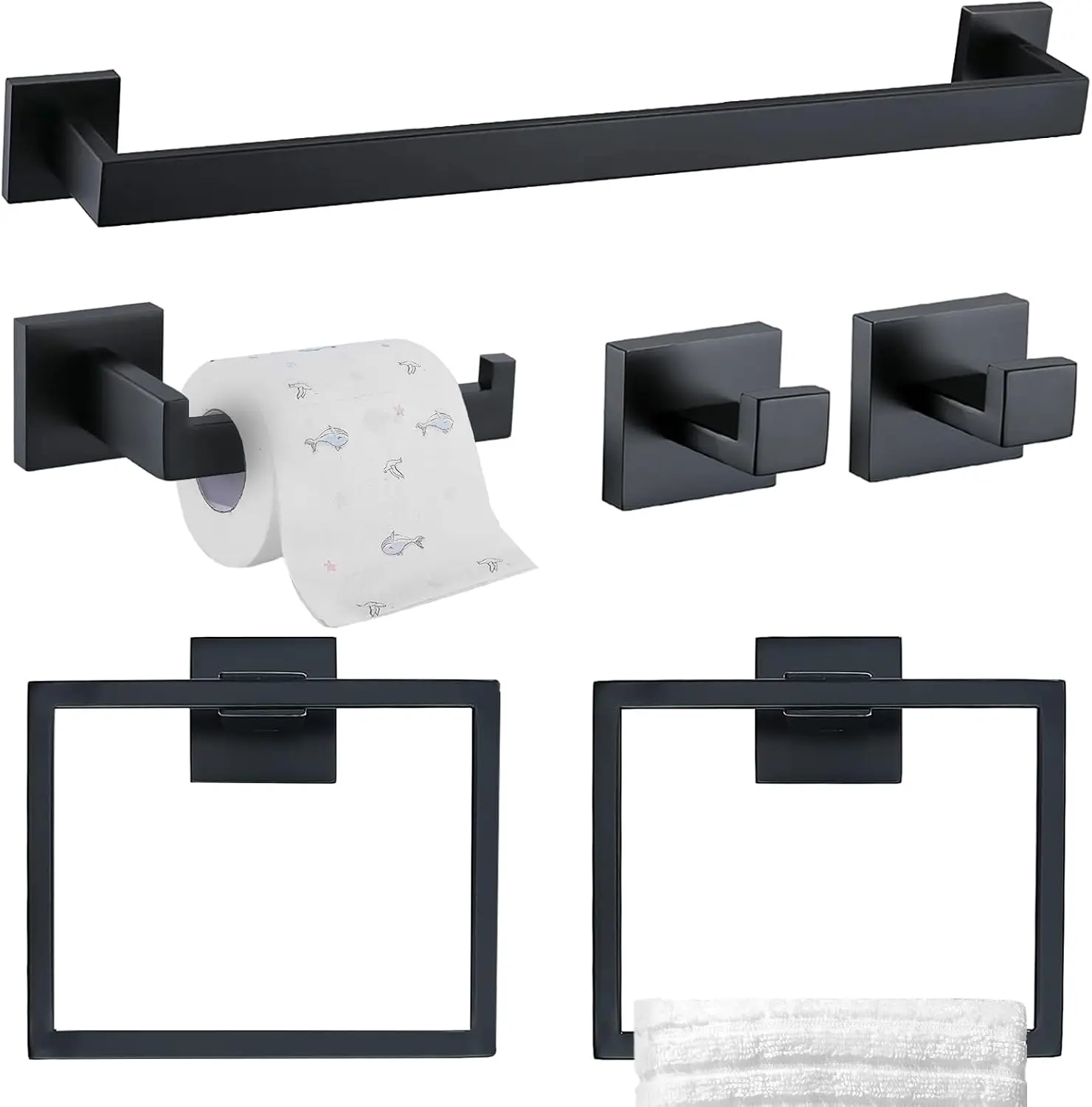 

6-Piece Bathroom Set: Matte Black 23.6" Towel Bar, Towel Ring, Coat Hook, Toilet Paper Holder. Stainless Steel. Wall-Mounted.