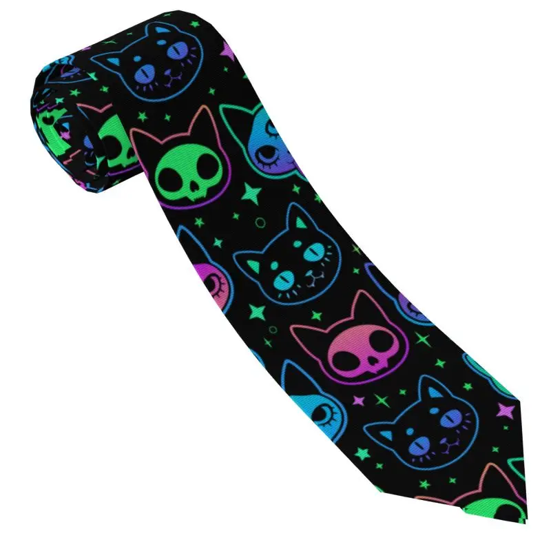 Cute Cartoon Witchcraft Cat Bright Neck Ties Men's Tie Funny Novelty Classic Neckties for Gentlemen Wedding Holiday Party Gift
